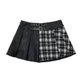 Women Skirt Plaid Stitching PU Leather Skirt