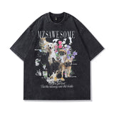 Men's T Shirt Vintage Cartoon Couple Short Sleeve T-shirt Men's and Women's Oversize Washed Distressed Half Sleeve