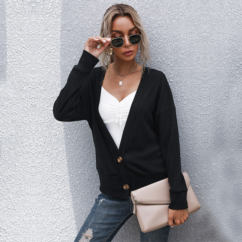 Women Knitted Sweater Autumn Black Long Sleeve Sweater Cardigan Coat