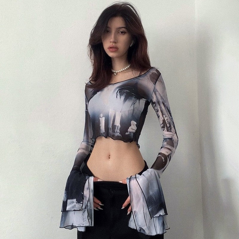 Women T-shirt Summer round Neck Pullover Horn Long Sleeve Casual Top