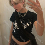 Women T-shirt Retro Black Top T-shirt with Short Sleeves Summer