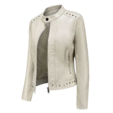 Red Leather Jacket Rivet Leather Clothing with Stand Collar