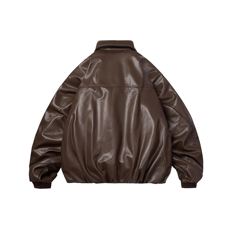 Unisex Winter Cotton Coat Lapel Leather Cotton Jacket Retro Loose PU Leather Coat