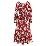 Women Date Dress Autumn Winter Sexy Long Sleeve V-neck Lantern Sleeve Backless Floral Long Tie Dress