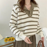 Women Knitwear Autumn and Winter Striped Lapel Knitwear Loose Sweater