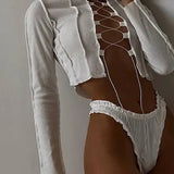 Women T-shirt Hollow-out Short round Neck T-shirt Ribbed Long Sleeve Top