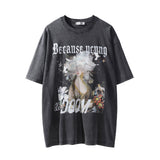 Men Vintage T-Shirt Printed Short-Sleeved T-shirt Men's Loose round Neck Washed Distressed