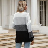 Women Knitted Sweater Autumn Crew Neck Loose Stitching Contrast Color Knitted Long Sleeve Sweater