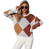 Women Knitted Sweater Autumn Crew Neck Pullover Knitting Rhombus Sweater