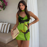 Women Dresses Winter Print Sexy Backless Spaghetti Straps Sheath Dress