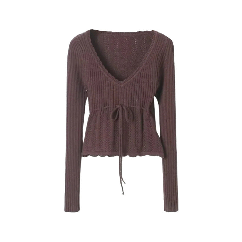 Women Sweater Knitwear Vintage V-neck Long-Sleeve Knitwear Fall Slim-Fit Crop-Top