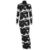 Women Dresses Spring Printed Turtleneck Long Sleeve Slim Fit Dress