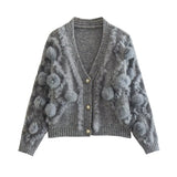 Women Sweater Knit Wear Three-Dimensional Fur Ball Long Sleeve Knitted Cardigan V-neck Sweater Coat