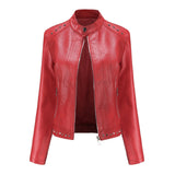 Red Leather Jacket Rivet Leather Clothing with Stand Collar