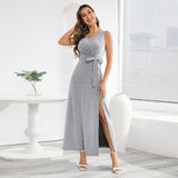 Women Date Dress Sexy Sleeveless V-neck Slit Slim Fit Long Dress