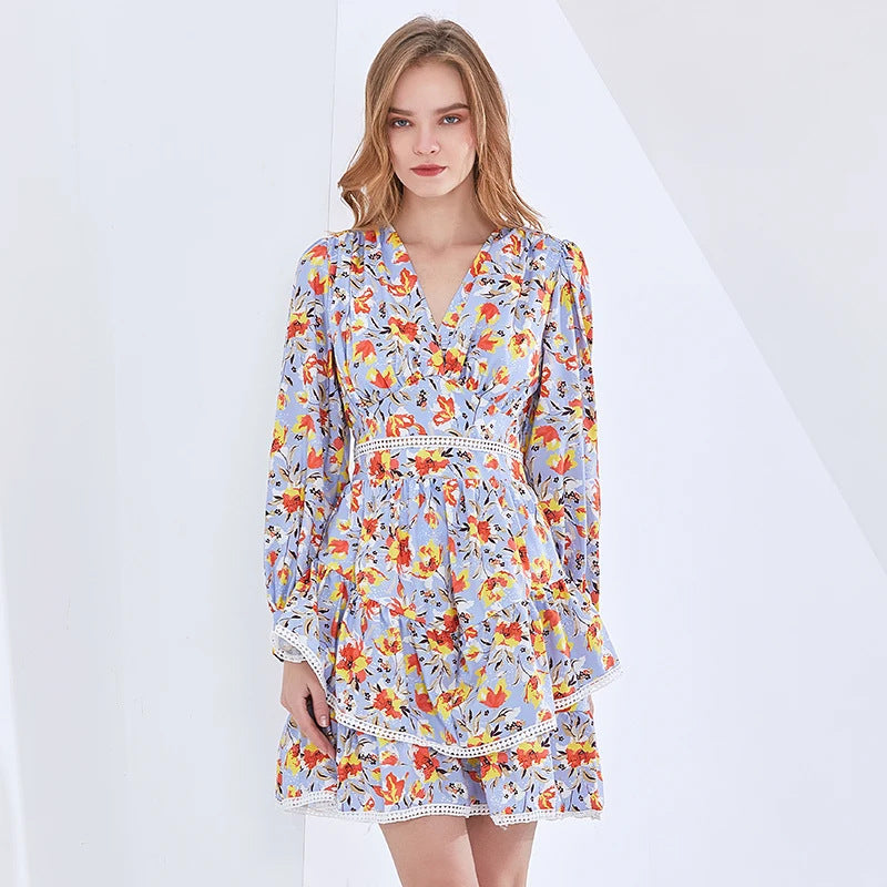 Women Dresses V-neck Long Sleeve Short Dress (Qymy0409)