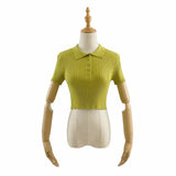 Women Sweater Knitwear Vintage Polo Lapel Single Breasted Thread Exposed Navel Knitted T-shirt