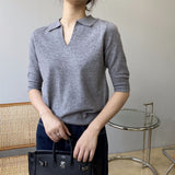 Women Knitted T-shirt Polo Shirt Knitwear Fall V-neck Sweater