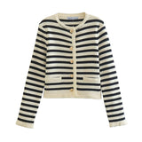 Women Sweater Knit Wear Striped round Neck Classic Style Knitted Cardigan Sweater Coat