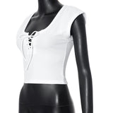 Women T-shirt Summer Square Collar Bare Midriff Slim Fit T-shirt Top