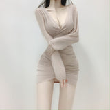 Women Dresses Collar Lace Puff Sleeve Dress Long Sleeve Sexy Pleated Hip Skirt