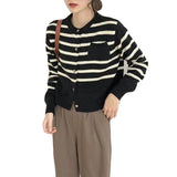 Women Knitwear Autumn round Neck Striped Sweater Vintage Loose Knitted Cardigan