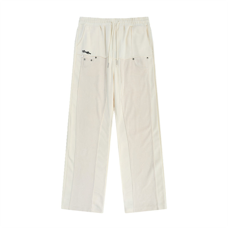 Men Sweatpants Color Contrast Patchwork Sports Casual Pants Loose Embroidered Rivets Elastic Waist Wide-Leg Straight Trousers