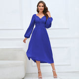 Women Date Dress Slim-Fit Long Sleeve V-neck Lace-up A- line Dress Lantern Sleeve Dress