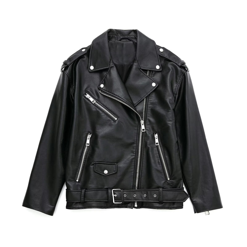 Women Leather Jacket Autumn and Winter Leather Jacket Slim-Fitting Biker Pu Washed Leather Jacket