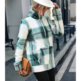 Women Trench Coat Long Style Long Sleeve Stand Collar Plaid Loose Zip Gold Mink Plush Coat