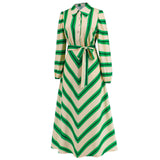 Women Date Dress Autumn and Winter Striped Printed Buttons Cinched Blouse Dress