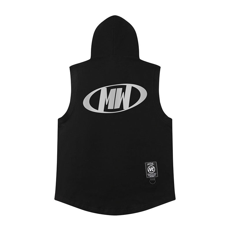 Men Vest Retro Hooded Vest Hip Hop Oversize Sleeveless T-shirt