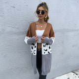 Women Knitted Sweater Fall Long Leopard Splicing Cardigan Knitted Sweater Coat