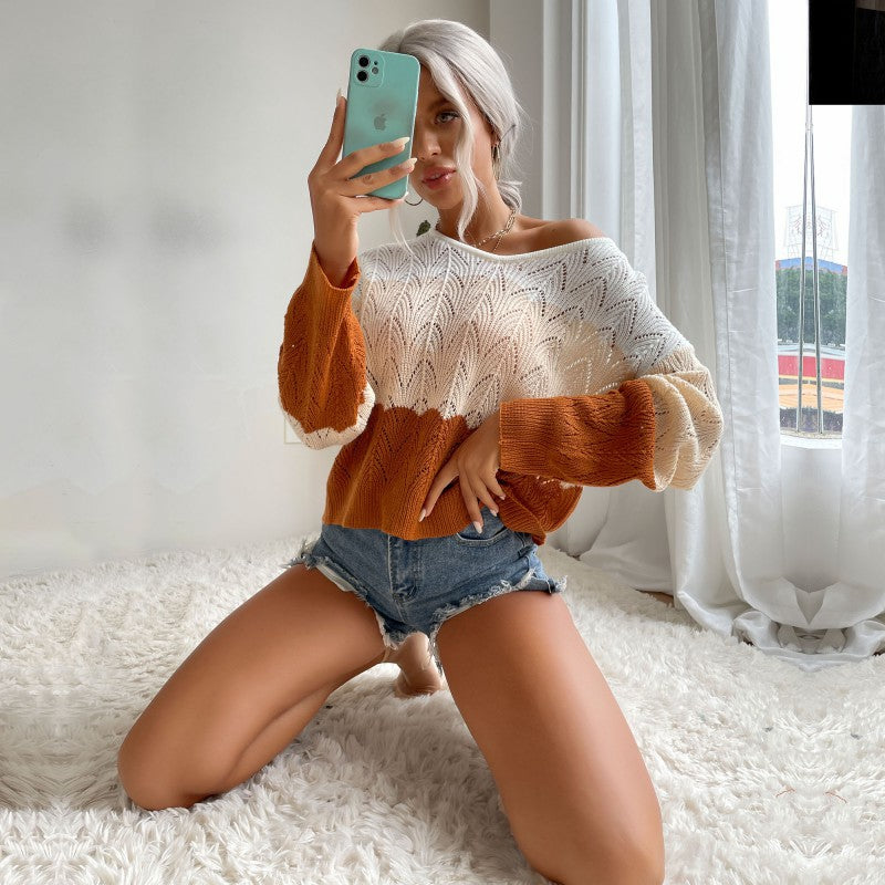 Women Knitted Sweater Autumn Breathable Hollow-out Spliced Long Sleeve round Neck Knitted Sweater