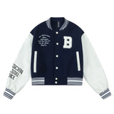 Women Jacket PU Leather Sleeve Baseball Uniform Embroidery Stitching Contrast Color Jacket Jacket