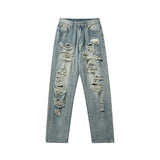 Men Jeans Ripped Jeans Vintage Distressed Straight-Leg Denim Trousers