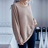 Women Knitted Sweater Autumn Crew Neck Mid-Length Loose Solid Color Batwing Sleeve Sweater
