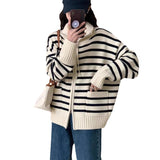 Women Knitwear Autumn and Winter Striped Lapel Double Zipper Sweater Coat Knitted Cardigan