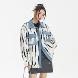 Unisex Jacket Loose Striped Stitching Denim Jacket Baggy Coat