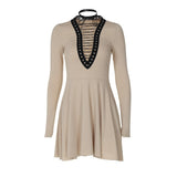 Women Dresse Spring Sexy Style Long Sleeve Deep V-neck Hollow Slim Fit Dress