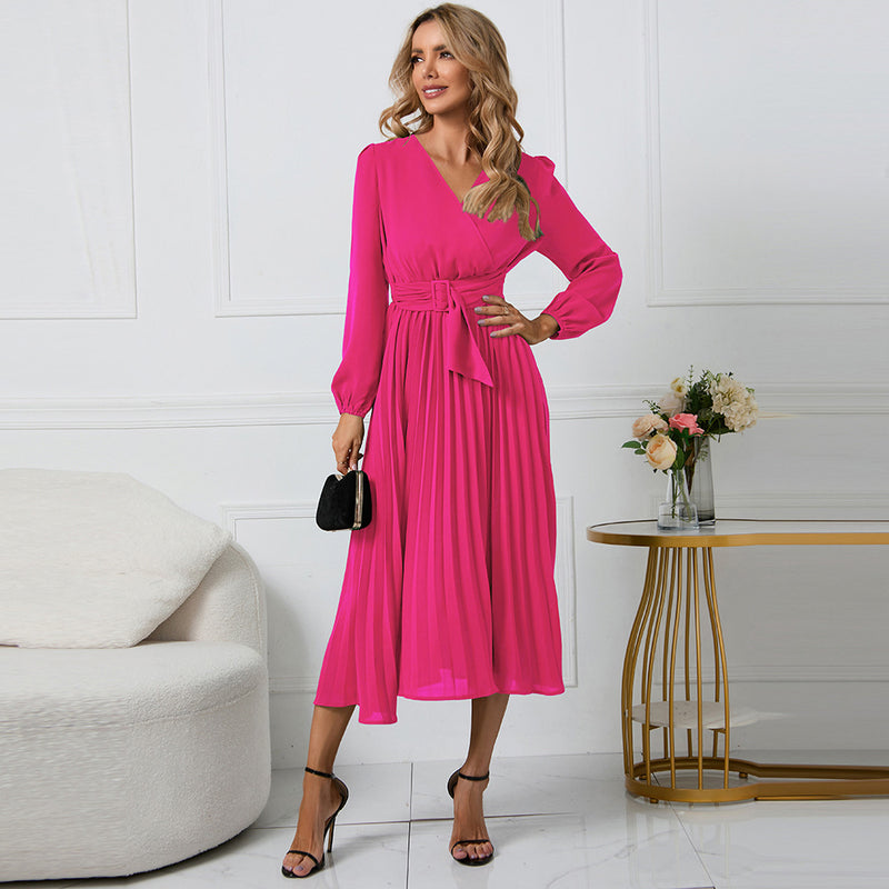 Women Date Dress Sexy V-neck Bubble Lantern Sleeve Pleated Skirt