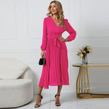 Women Date Dress Sexy V-neck Bubble Lantern Sleeve Pleated Skirt
