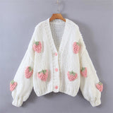 Women Sweater Knitwear Autumn V-neck Lantern Sleeve Pink Strawberry Knitted Cardigan Women's Sweater