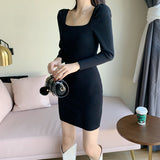Women Maxi Dress Fall/Winter Square Collar Puff Sleeve Hip Knitwear Dress