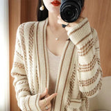 Women Knitwear Autumn Vintage Color-Block V Neck Sweater Female Loose Knitted Cardigan