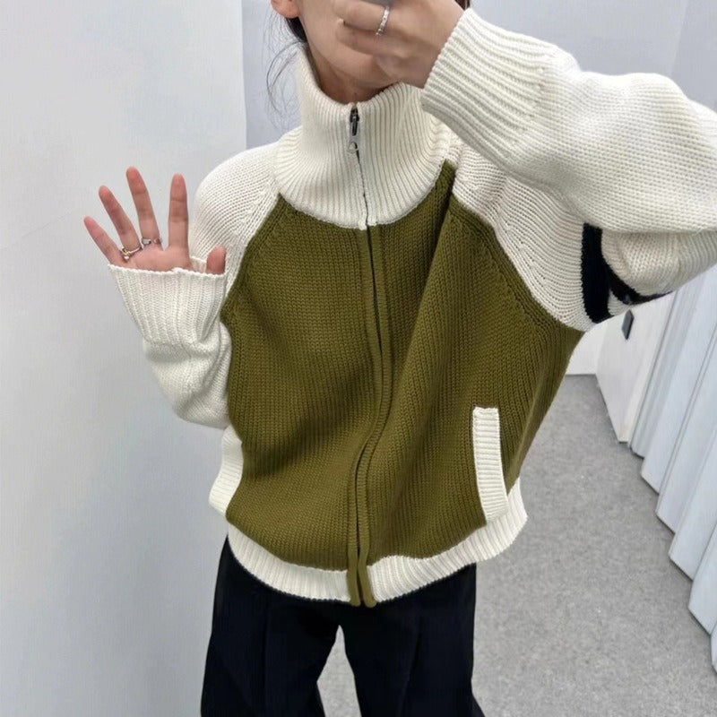 Women Knitwear Autumn and Winter Turtleneck Double Zipper Sweater Coat Knitted Cardigan