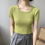 Women Knitted T-shirt Autumn Knitted Short Sleeve Retro Slim T-shirt