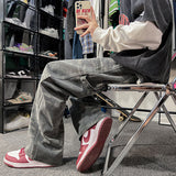 Men Jeans Retro Camouflage Pants Loose Straight Cargo Pants Washed Wide Leg Casual Trousers