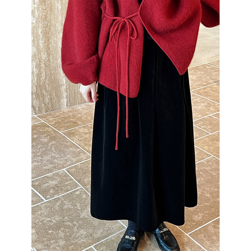 Women Skirt Autumn Winter Retro Hepburn Style Gold Velvet Skirt Mid-Length Pleated A- line Umbrella Skirt