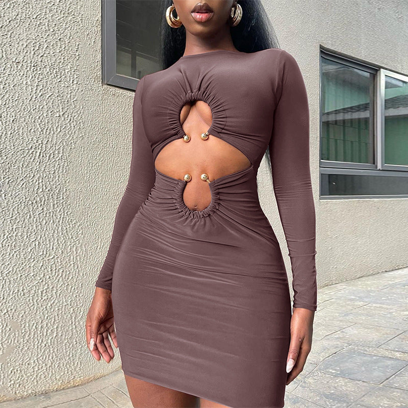 Women Dresses Summer Sexy Hollow round Neck Long Sleeve Narrow Dress
